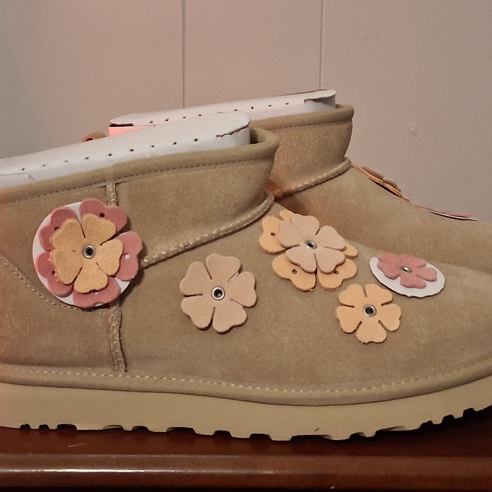 UGG Tan Suede Ankle Booties with Pink & Cream Floral Appliqués - Picture 2 of 12